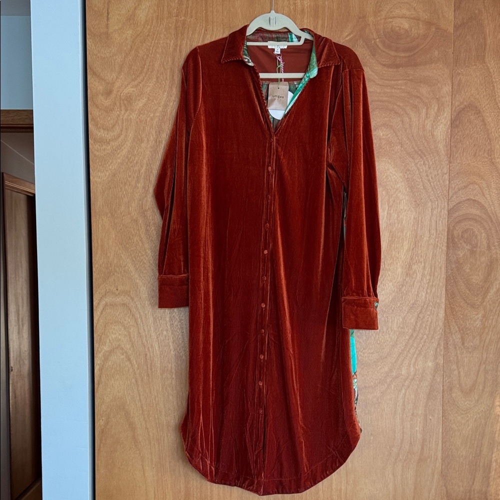 Umgee Rust Ribbed Velveteen Front and Satiny Print Back Midi Dress